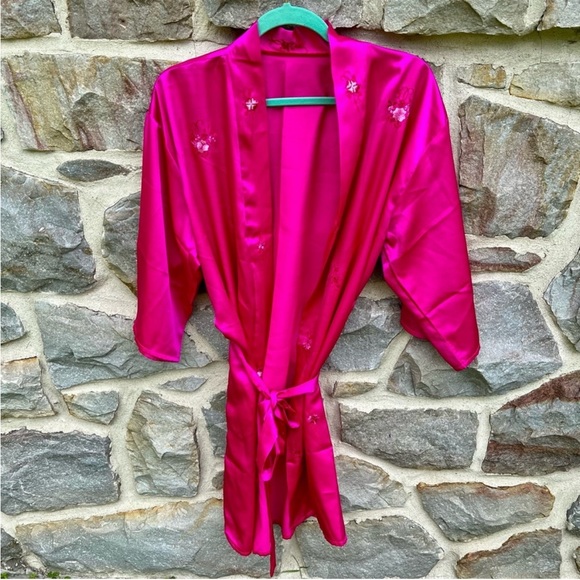 Other - Pink Satin Floral Embroidered Kimono Robe